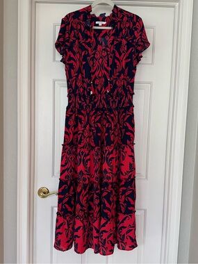 Chico's Navy & Red Floral Tiered Midi Dress
